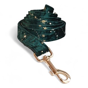 Puede incluir: Una correa de perro de terciopelo verde oscuro con detalles de estrellas doradas y un cierre de metal dorado.