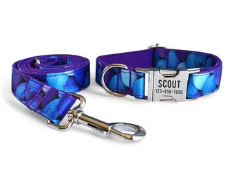 Blue Mermaid Personalized Dog Collar & Leash - Mermaids Tail Scaled Engraved Dog Collar and Lead - Ocean Fish Dog Collar and Matching Leash
