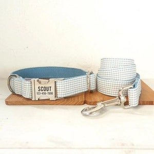 Light Blue Shepherd Check Personalized Dog Collar and Leash - Personalised Dog Collar & Leash Set -Blue Gingham Plaid Dog Collar and Bow Tie