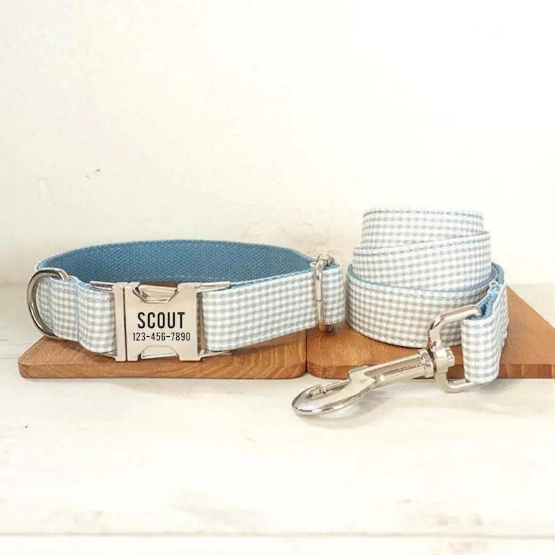Op de afbeelding: Een blauwe en witte gingham hondenhalsband en -riemset met een zilveren gesp. De halsband heeft een gepersonaliseerd naamplaatje met de tekst "SCOUT 123-456-7890".
