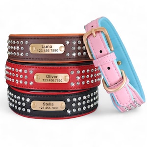 Bedazzled Leather Personalized Dog Collar - Thick Girl Leather Dog Collar - Rhinestones Dog Collar - Fancy Stylish Engraved Shiny Dog Collar