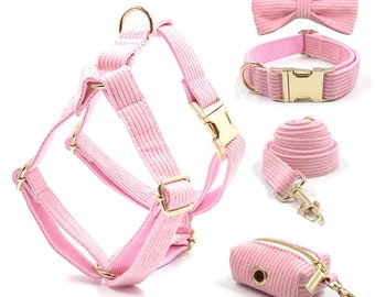 Personalized Pink Corduroy Harness Collar Leash Bow Tie Poo Bag Set | Personalised Dog Harness & Leash | Matching Dog Collar Leash Harness