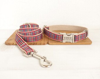 Collier et laisse pour chien personnalisés à carreaux écossais rouge - Collier et laisse pour chien personnalisés - Collier pour chien personnalisé