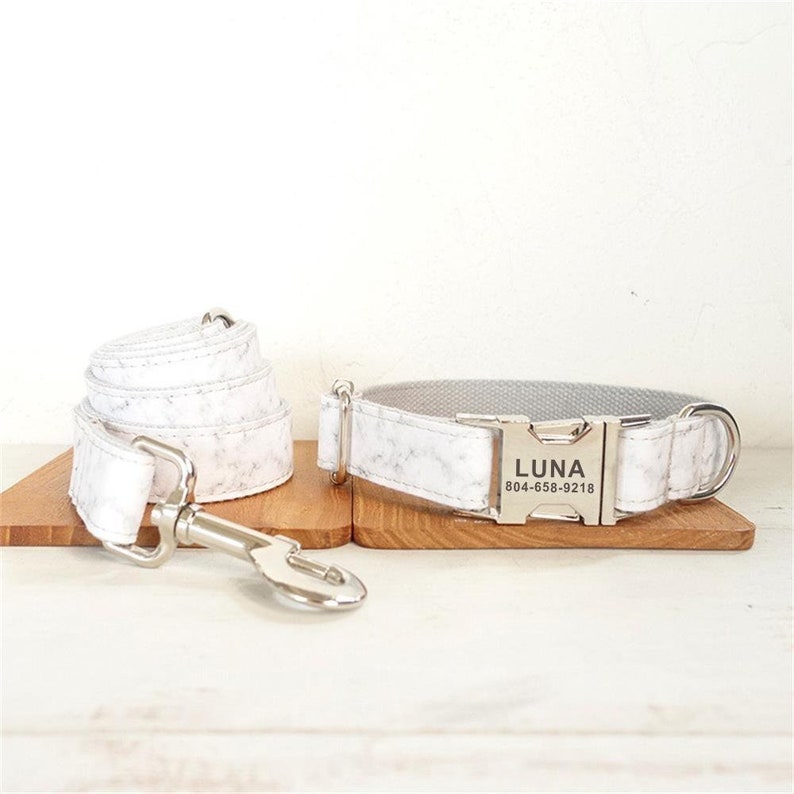 White Marble Personalized Dog Collar and Leash Marble Personalised Dog Collar and Leash White Customised Dog Collar and Bow Tie Collar & Leash
