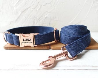 Navy Blue Dog Collar and Leash - Herringbone Weave Wedding Dog Collar and Leash - Blue Boy Linen Dog Collar with Bow Tie & Matching Leash