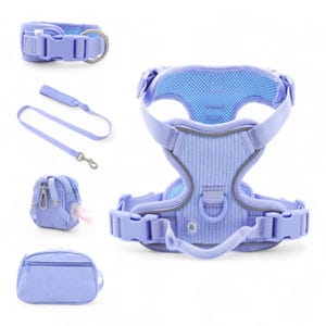 Lavender Blue Corduroy Personalizable Harness Set | GPS Tag Pocket Harness | Cooling Mesh Dog Harness | Dog Front Harness | Dog Back Harness