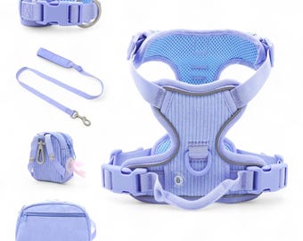 Lavender Blue Corduroy Personalizable Harness Set | GPS Tag Pocket Harness | Cooling Mesh Dog Harness | Dog Front Harness | Dog Back Harness