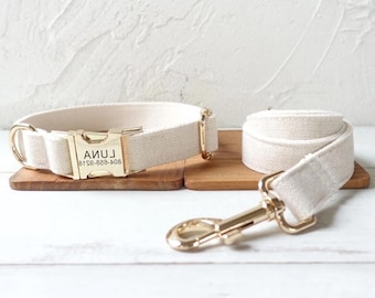 Collar y correa para perro personalizados para boda en crema, beige y blanco - Collar y correa para perro de novia grabados - Collar y pajarita para perro en crema y blanco roto