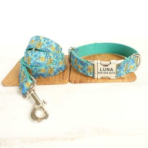 Tropical Garden Personalized Dog Collar and Leash - Personalised Dog Collar and Leash - Green Leaves Customised Dog Collar and Bow Tie