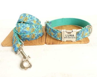 Tropical Garden Personalized Dog Collar and Leash - Personalised Dog Collar and Leash - Green Leaves Customised Dog Collar and Bow Tie