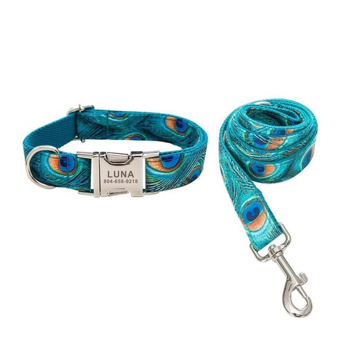 Collier et laisse pour chien personnalisés en plumes de paon - Collier et noeud papillon pour chien personnalisés - Collier et noeud papillon pour chien