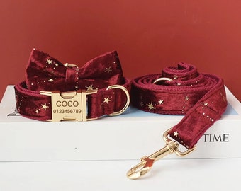 Starry Red Velvet Personalized Collar and Leash | Velvet Dog Collar, Leash and Bow Tie | Red Cute Dog Collar | Matching Dog Collar & Leash