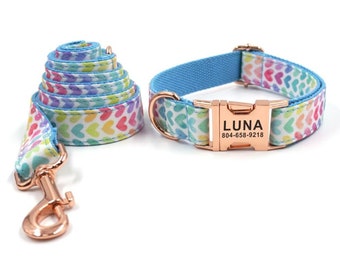 Colorful Hearts Personalized Dog Collar and Leash - Hearts Personalised Dog Collar & Leash - Dog Collar Leash and Bow Tie