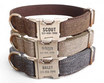 Personalized Dog Collar and Leash Set - Engraved Wedding Dog Collar and Lead - Herringbone Weave Grey Brown Beige Dog Matching Dog Bow Tie