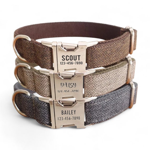 Personalized Dog Collar and Leash Set - Engraved Wedding Dog Collar and Lead - Herringbone Weave Grey Brown Beige Dog Matching Dog Bow Tie