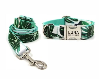 Bamboo Leaves Personalized Dog Collar and Leash - Personalised Dog Collar and Leash - Green Leaves Customised Dog Collar and Bow Tie