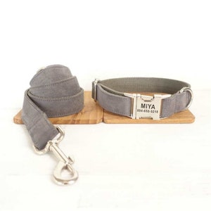 Grey Velvet Personalized Dog Collar and Leash - Personalised Dog Collar and Leash - Grey Customised Dog Collar and Bow Tie