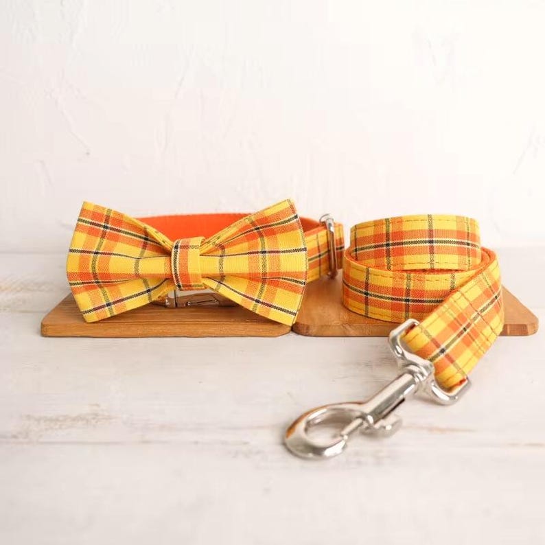 May include: A yellow and orange plaid dog collar and matching bow tie. The collar has a silver hook clasp.