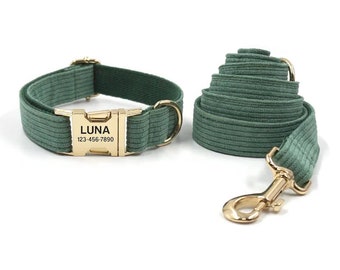 Collar y correa personalizados de pana verde para perro - Collar y correa con grabado suave - Collar verde oscuro y pajarita a juego