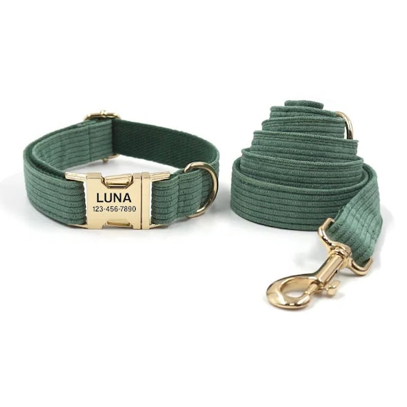 Green Corduroy Personalized Dog Collar and Leash - Engraved Soft Engraved Dog Collar & Leash - Dark Green Dog Collar and  Matching Bow Tie