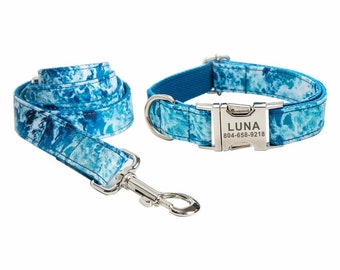 Collier et laisse pour chien personnalisés Blue Waves - Collier et laisse pour chien personnalisés - Collier pour chien personnalisé bleu