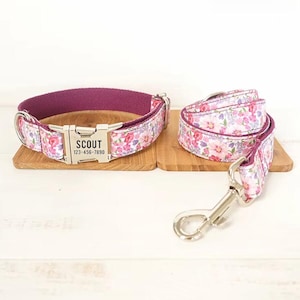Purple Flowers Personalized Dog Collar and Leash - Engraved Floral Collar & Leash - Purple Girl Dog Bow Tie Collar and Matching Leash