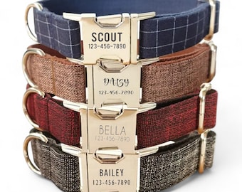 Collar y correa personalizados de tweed y cuadros escoceses para perro - Collar y correa grabados a juego - Collar y correa para perro para niño y niña