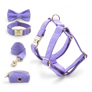 Personalized Lavender Corduroy Harness Collar Leash Bow Tie Bag Set | Personalised Purple Dog Harness & Leash | Matching Collar and Harness