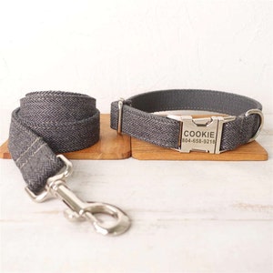 Grey Zig-Zag Tweed Personalized Dog Collar and Leash - Personalised Dog Collar and Leash - Customised Dog Collar