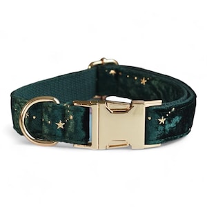 Puede incluir: Un collar de perro de terciopelo verde oscuro con estrellas doradas y una hebilla de metal dorado.