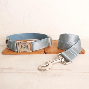 Shiny Sapphire Blue Personalized Dog Collar and Leash - Light Blue Engraved Dog Collar and Lead - Bright Blue Dog Collar and Bow Tie