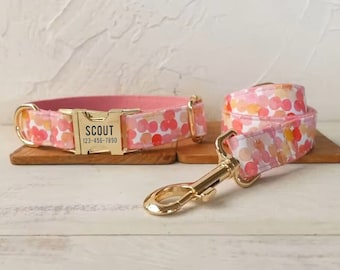 Collar y correa personalizados con burbujas rosas para perro - Collar y correa para niña - Collar de color bonito - Collar y pajarita rosa para perro - Collar grabado