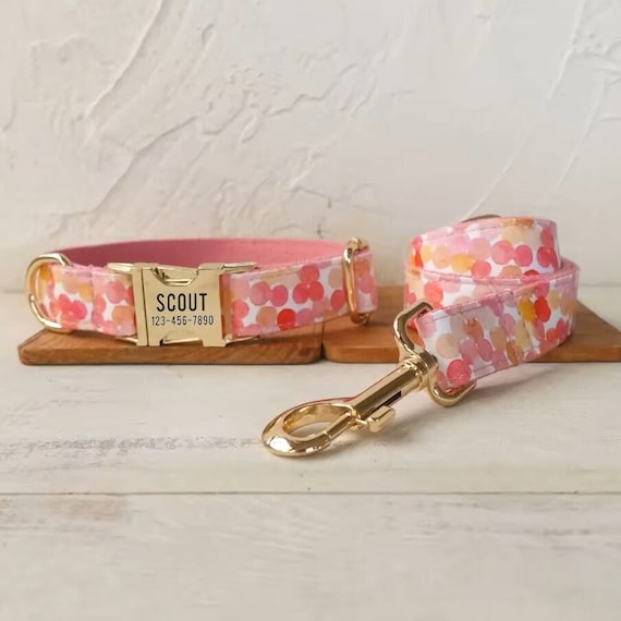 Pink Bubbles Personalized Dog Collar and Leash - Girl Dog Collar and Leash - Cute Color Collar - Pink Dog Collar & Bow Tie - Engraved Collar