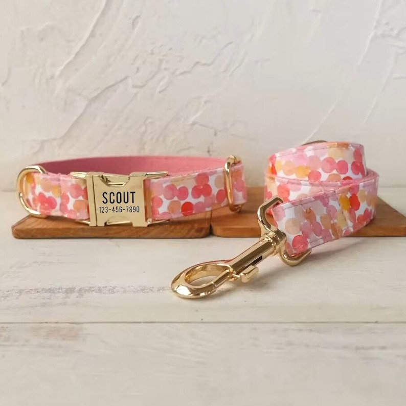 May include: A pink and white dog collar and leash set with a gold buckle and a personalized name tag that reads "SCOUT 123-456-7890".
