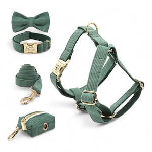 Personalized Dark Green Corduroy Harness Collar Leash Bow Tie Poo Bag Set | Personalised Dog Harness with Leash |Matching Dog Collar Harness