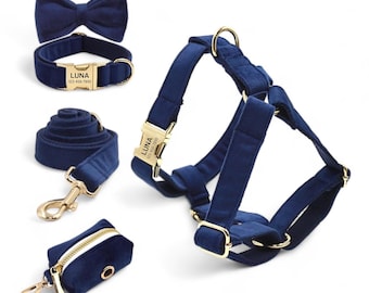 Personalized Navy Blue Velvet Harness Collar Leash Bow Tie Poo Bag Set | Personalised Dog Harness & Leash |Matching Dog Collar Leash Harness
