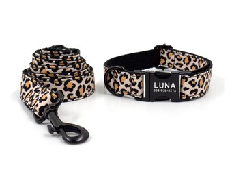 Leopard Print Personalized Dog Collar and Leash - Personalised Dog Collar & Leash - Leopard Dog Collar Leash and Bow Tie - Cute Dog Collars