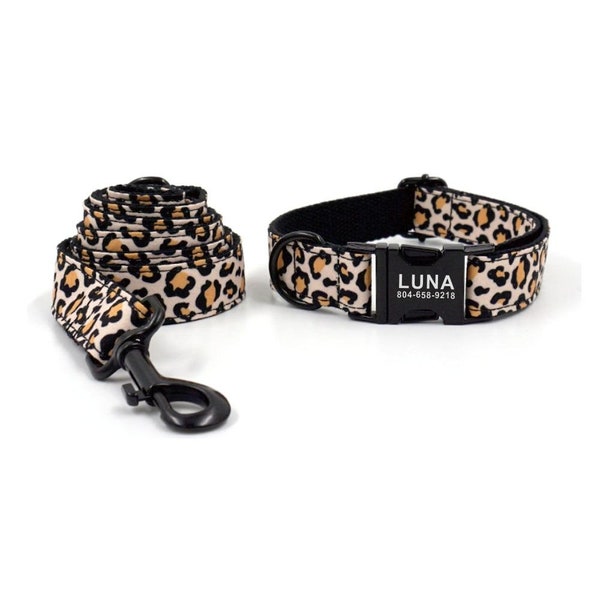 Laisse et collier pour chien personnalisés à imprimé léopard - Collier et laisse pour chien personnalisés - Laisse collier pour chien léopard et noeud papillon - Colliers pour chiens mignons