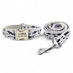 Sharks Personalized Dog Collar and Leash - Fish Engraved Dog Collar and Lead - Black and White Dog Collar with Ocean Sharks and Fins