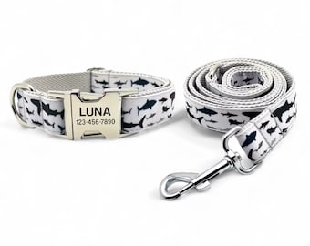 Sharks Personalized Dog Collar and Leash - Fish Engraved Dog Collar and Lead - Black and White Dog Collar with Ocean Sharks and Fins