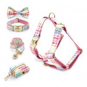 Personalized Rainbow Hearts Harness Collar Leash Bow Tie Poo Bag Set | Personalised Dog Harness & Leash | Matching Dog Collar Leash Harness