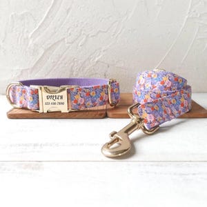 Purple Tulips Personalized Dog Collar and Leash - Customized Floral Dog Collar and Leash - Purple Flowers Dog Collar and Lead with Bow Tie