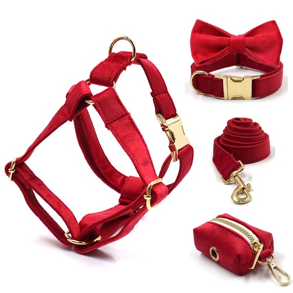 Personalized Scarlet Red Velvet Harness Collar Leash Bow Tie Poo Bag Set | Personalised Dog Harness &Leash|Matching Dog Collar Leash Harness