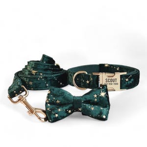 Starry Green Velvet Personalized Collar and Leash | Velvet Dog Collar, Leash and Bow Tie | Green Dog Collar | Matching Dog Collar & Leash
