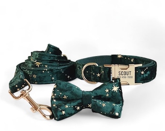 Collar y correa personalizados de terciopelo verde estrellado / Collar, correa y pajarita de terciopelo para perro / Collar verde para perro / Collar y correa para perro a juego