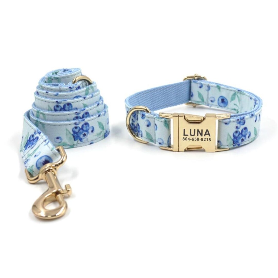 Blueberries Personazlied Dog Collar and Leash Personalised Dog Collar