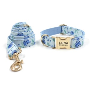 Blueberries Personazlied Dog Collar and Leash - Personalised Dog Collar and Leash - Blueberry Customised Dog Collar and Bow Tie