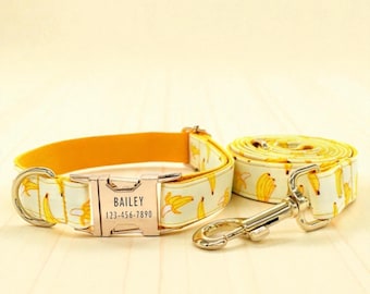 Banana Dog Set: Personalized Adjustable Leash & Engraved Name Collar