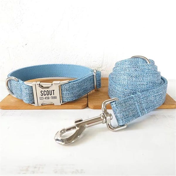 Hellblaues personalisiertes Hundehalsband und Leine - Baby Blaues Halsband mit passender Leine - Tweed Blaue gravierte Jungen Hundehalsband Leine und Fliege