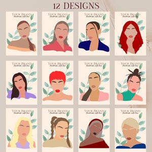 May include: Twelve different designs featuring illustrations of women with various hairstyles and clothing. Each illustration is set against a background of light beige with green leaves.